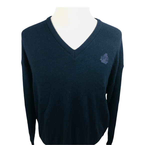 Vintage Izod Sweater Mens Large Crest Navy Blue Embroidered V Neck USA Pullover - Picture 1 of 9